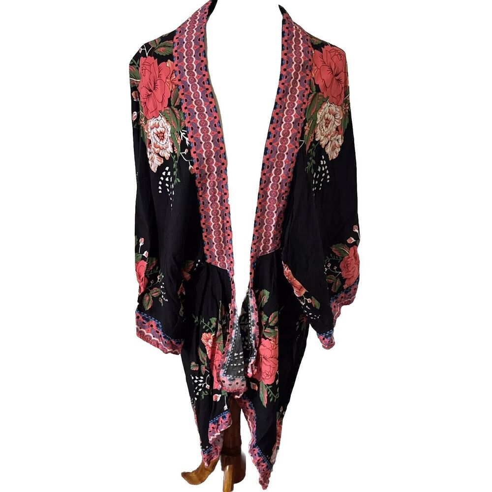 Boho Womens Open Kimono Duster‎ Floral Sz S/M Hippie Fairy Grunge Asymmetrical